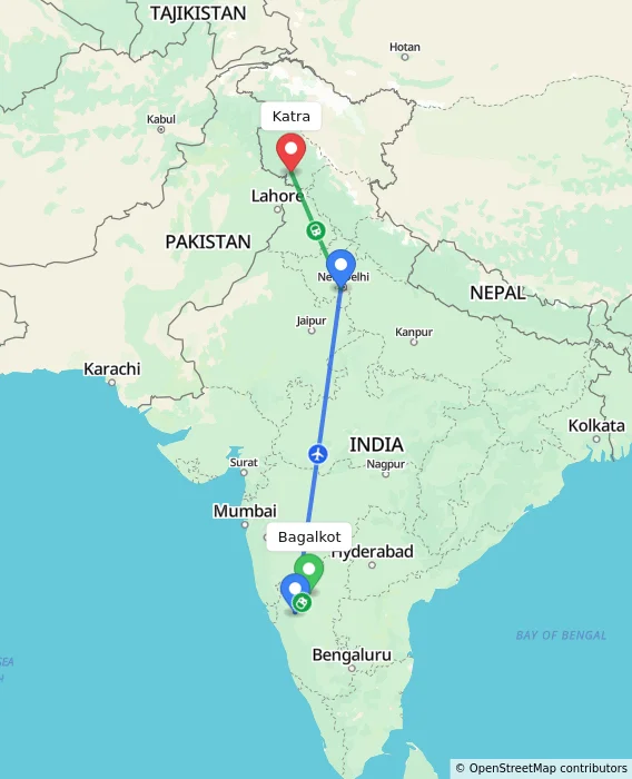 Route map showing distance and travel time from Bagalkot, India to Katra, India