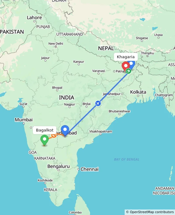 Route map showing distance and travel time from Bagalkot, India to Khagaria, India