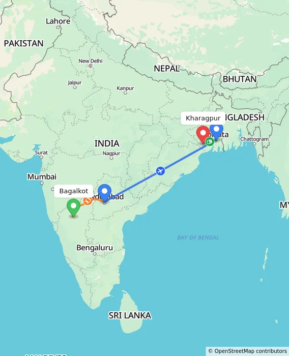 Route map showing distance and travel time from Bagalkot, India to Kharagpur, India