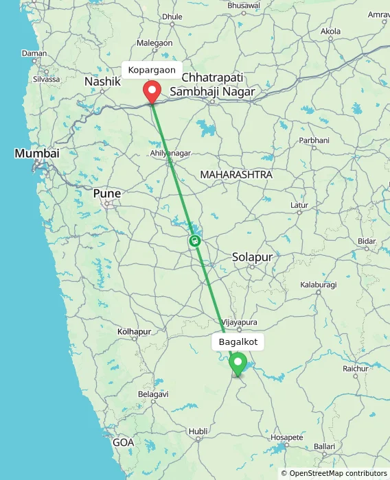 Route map showing distance and travel time from Bagalkot, India to Kopargaon, India