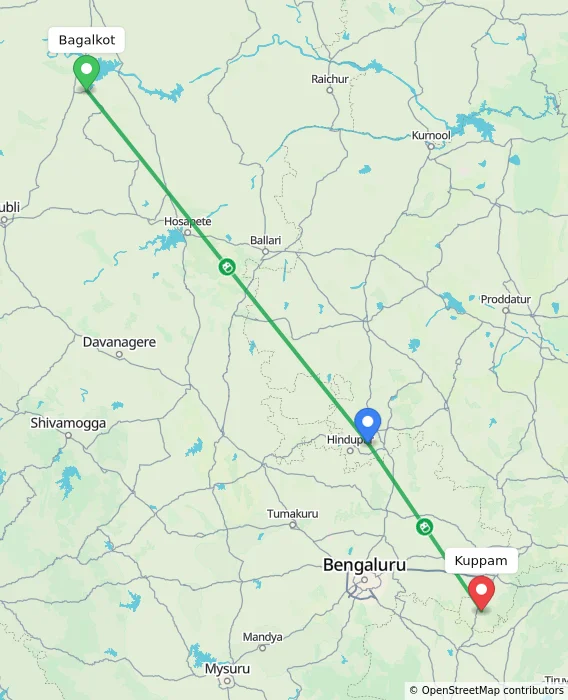 Route map showing distance and travel time from Bagalkot, India to Kuppam, India