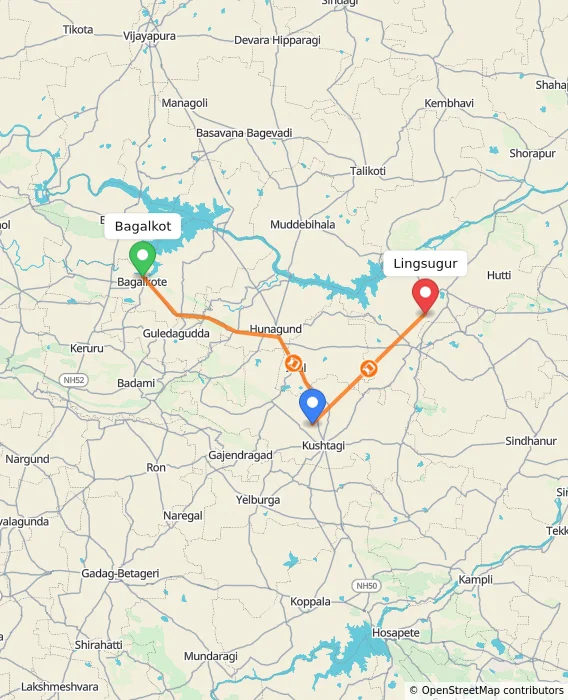 Route map showing distance and travel time from Bagalkot, India to Lingsugur, India