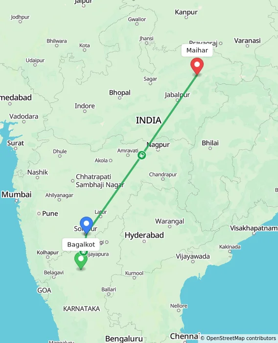 Route map showing distance and travel time from Bagalkot, India to Maihar, India