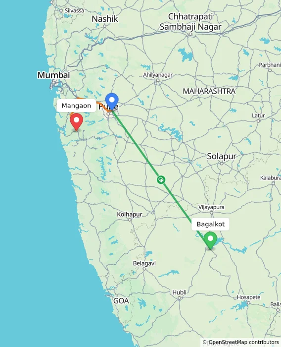 Route map showing distance and travel time from Bagalkot, India to Mangaon, India