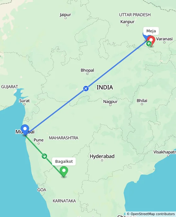 Route map showing distance and travel time from Bagalkot, India to Meja, India