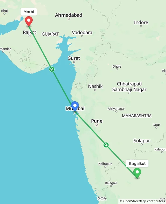 Route map showing distance and travel time from Bagalkot, India to Morbi, India