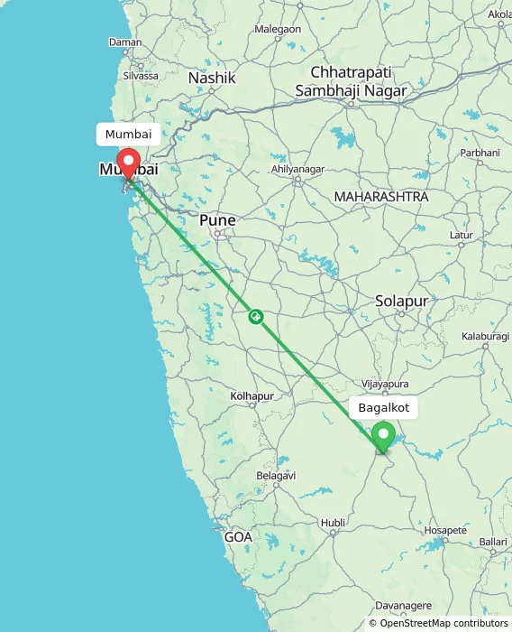 Route map showing distance and travel time from Bagalkot, India to Mumbai, India