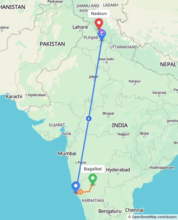 Route map showing distance and travel time from Bagalkot, India to Nadaun, India