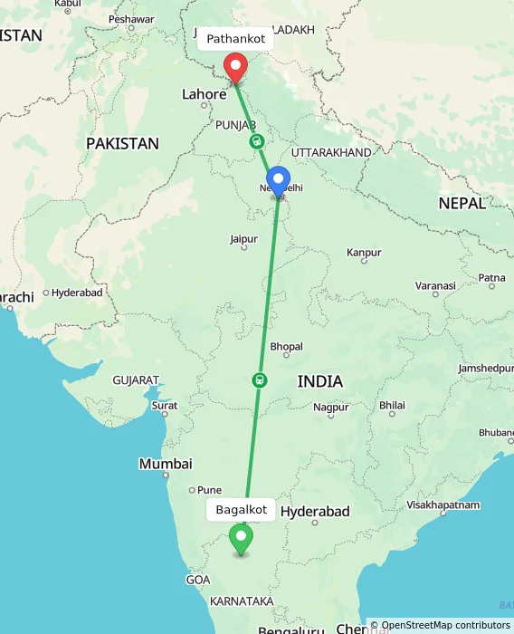 Route map showing distance and travel time from Bagalkot, India to Pathankot, India
