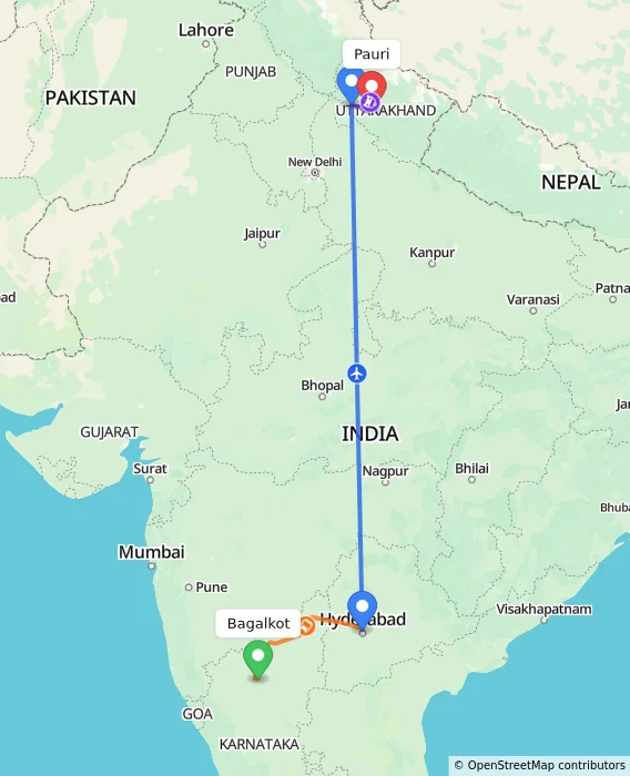 Route map showing distance and travel time from Bagalkot, India to Pauri, India