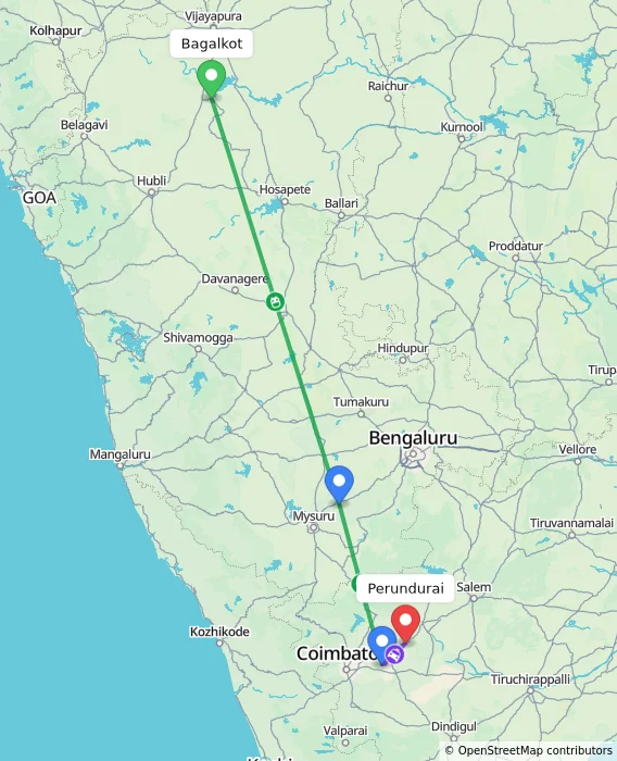 Route map showing distance and travel time from Bagalkot, India to Perundurai, India