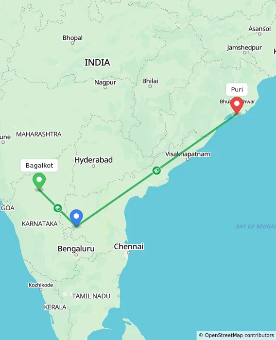 Route map showing distance and travel time from Bagalkot, India to Puri, India