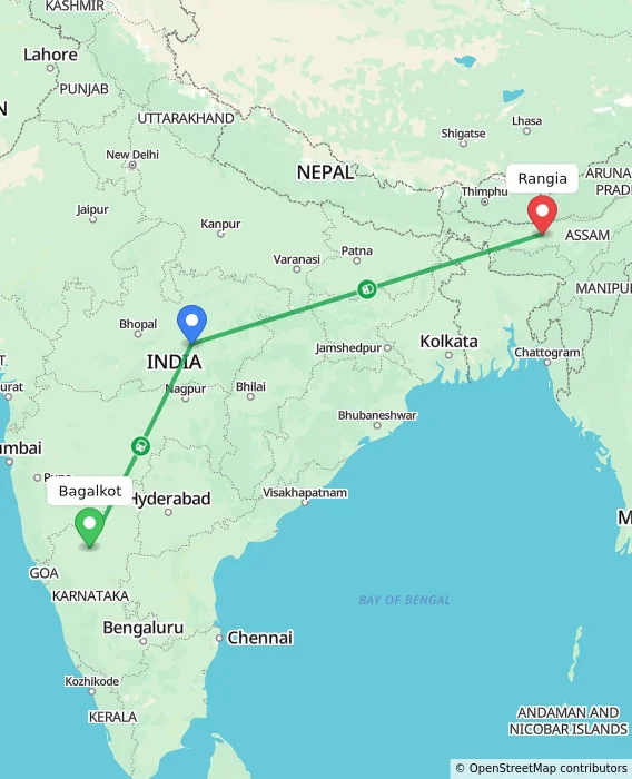 Route map showing distance and travel time from Bagalkot, India to Rangia, India