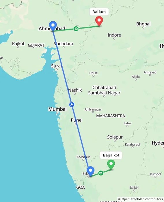 Route map showing distance and travel time from Bagalkot, India to Ratlam, India
