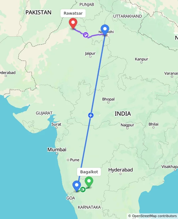 Route map showing distance and travel time from Bagalkot, India to Rawatsar, India