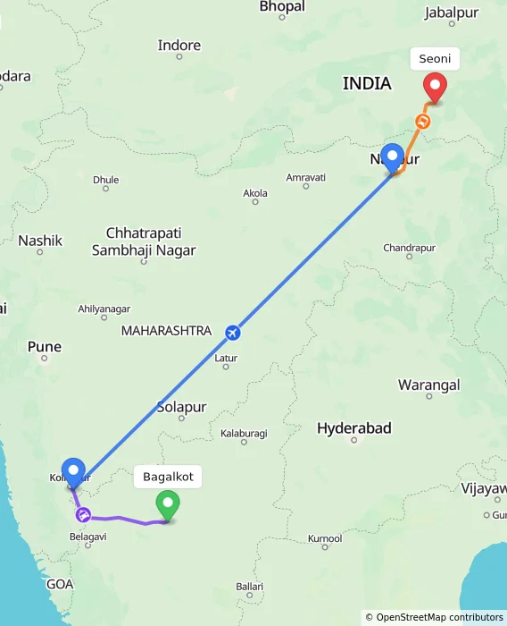 Route map showing distance and travel time from Bagalkot, India to Seoni, India