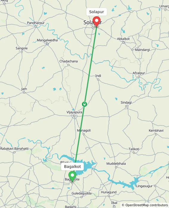 Route map showing distance and travel time from Bagalkot, India to Solapur, India