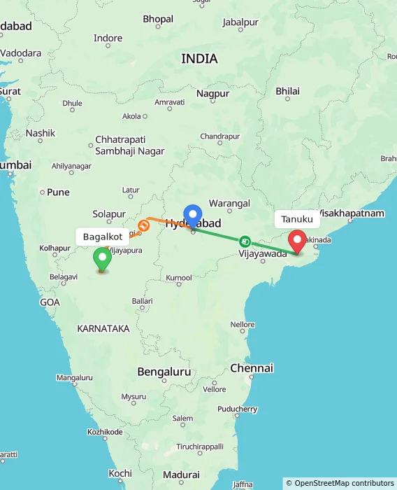 Route map showing distance and travel time from Bagalkot, India to Tanuku, India