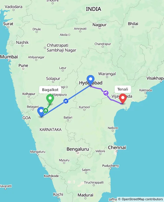 Route map showing distance and travel time from Bagalkot, India to Tenali, India