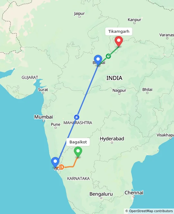 Route map showing distance and travel time from Bagalkot, India to Tikamgarh, India
