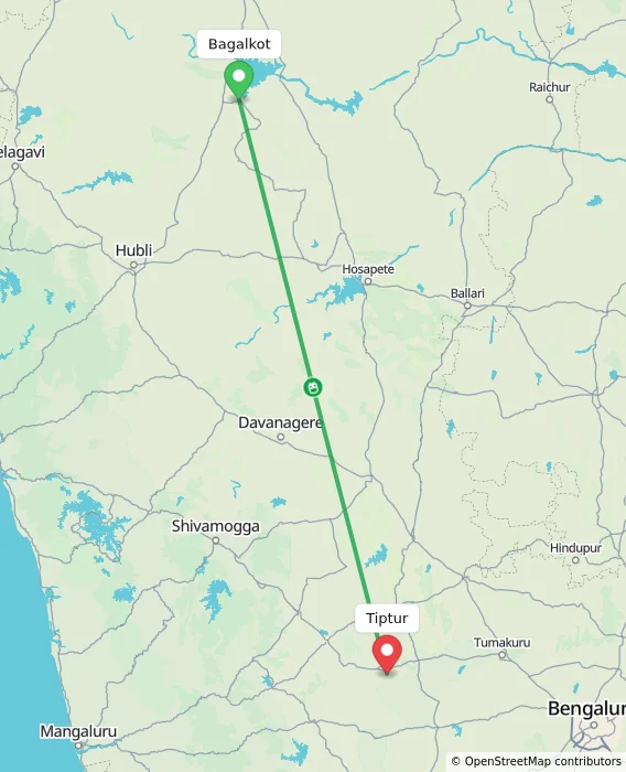 Route map showing distance and travel time from Bagalkot, India to Tiptur, India