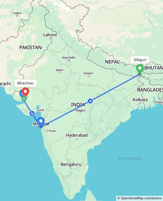 Route map showing distance and travel time from Bagdogra, India to Bhachau, India