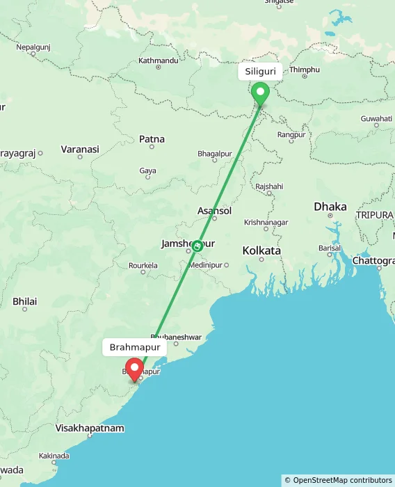 Route map showing distance and travel time from Bagdogra, India to Brahmapur, India