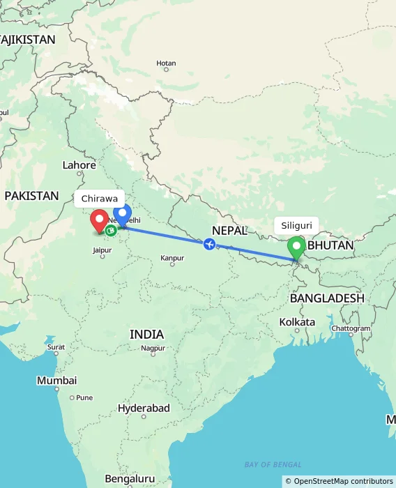 Route map showing distance and travel time from Bagdogra, India to Chirawa, India