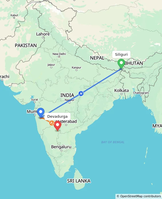 Route map showing distance and travel time from Bagdogra, India to Devadurga, India