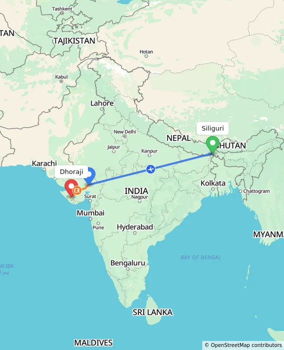 Route map showing distance and travel time from Bagdogra, India to Dhoraji, India