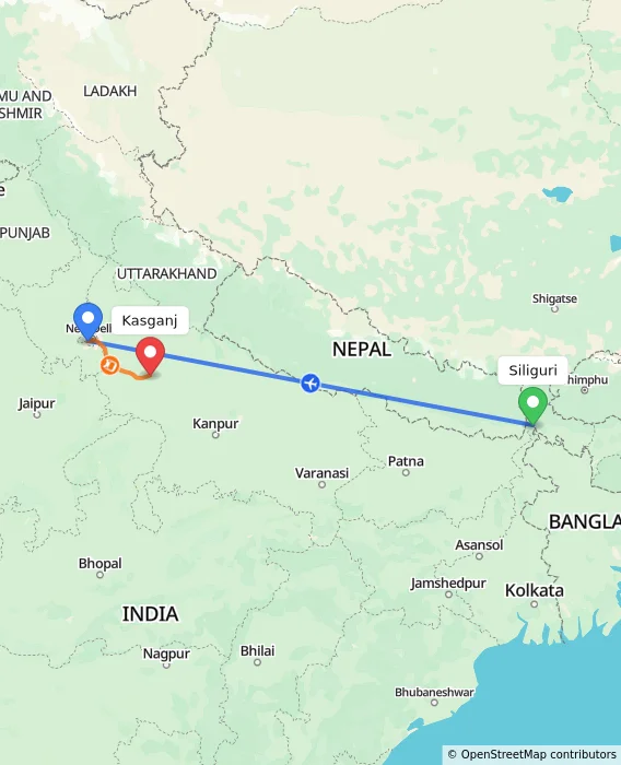 Route map showing distance and travel time from Bagdogra, India to Kasganj, India