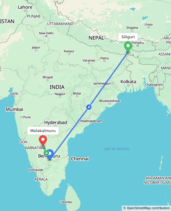 Route map showing distance and travel time from Bagdogra, India to Molakalmuru, India