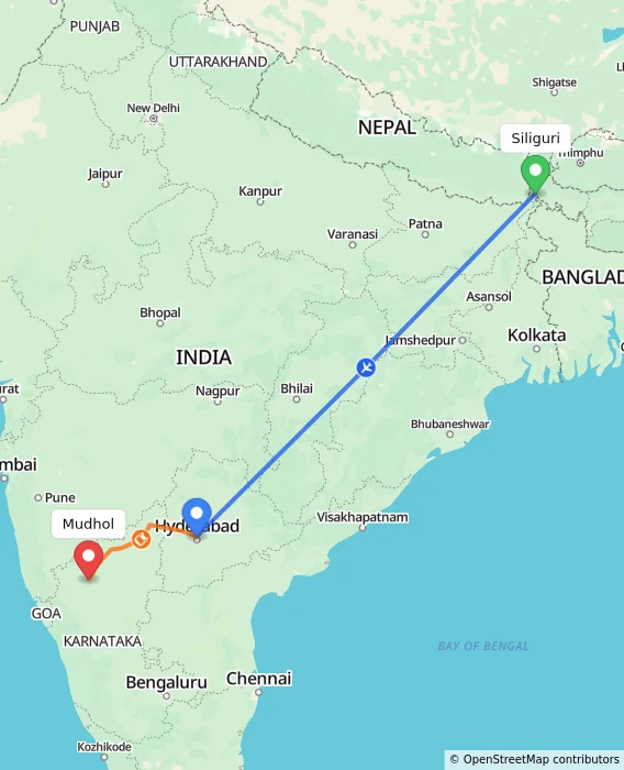 Route map showing distance and travel time from Bagdogra, India to Mudhol, India