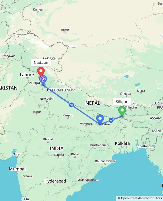 Route map showing distance and travel time from Bagdogra, India to Nadaun, India