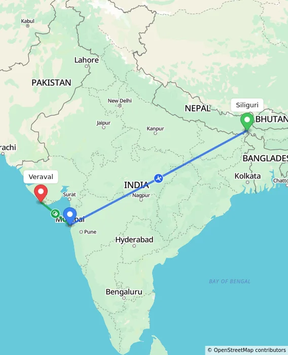 Route map showing distance and travel time from Bagdogra, India to Veraval, India