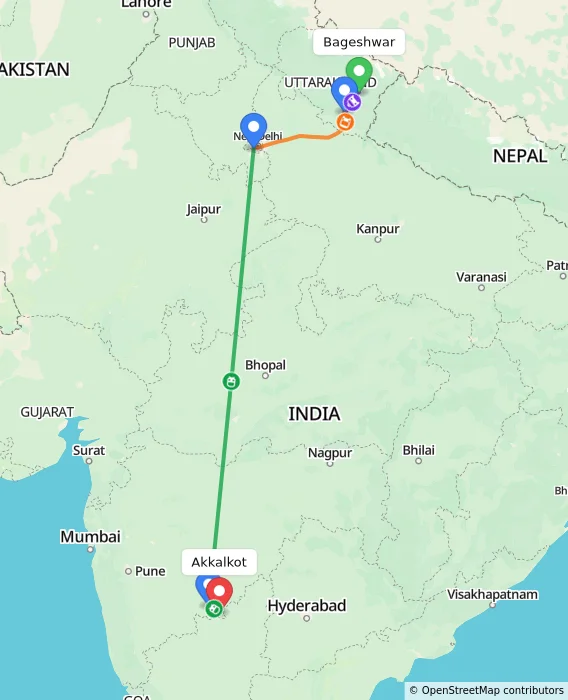 Route map showing distance and travel time from Bageshwar, India to Akkalkot, India