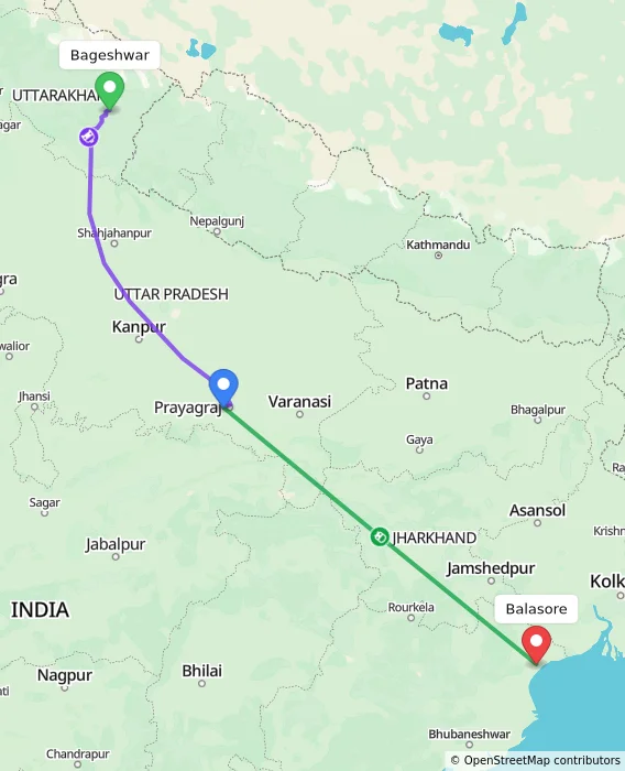 Route map showing distance and travel time from Bageshwar, India to Balasore, India