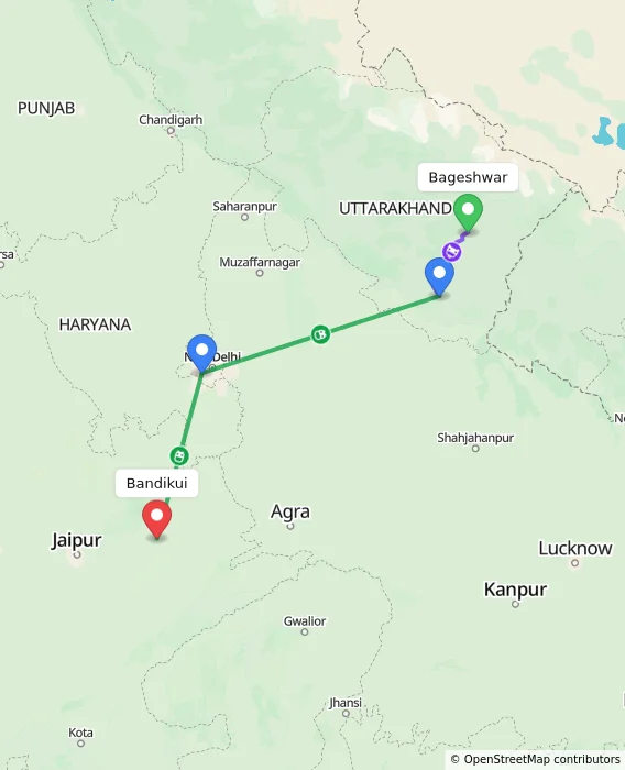 Route map showing distance and travel time from Bageshwar, India to Bandikui, India