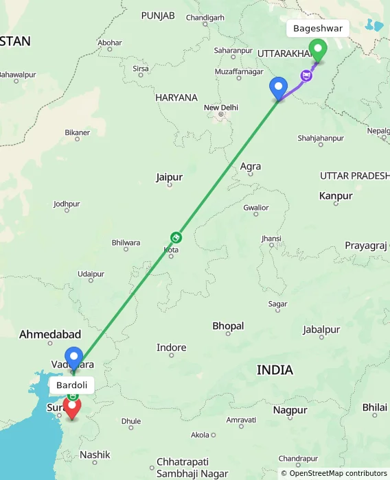 Route map showing distance and travel time from Bageshwar, India to Bardoli, India