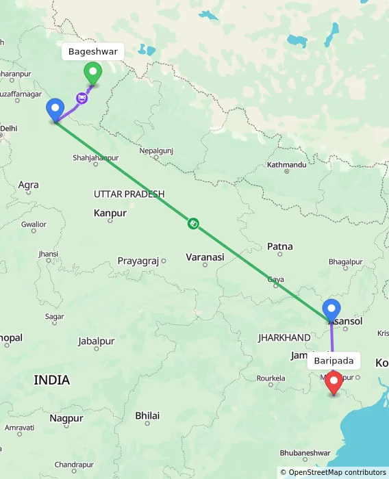 Route map showing distance and travel time from Bageshwar, India to Baripada, India