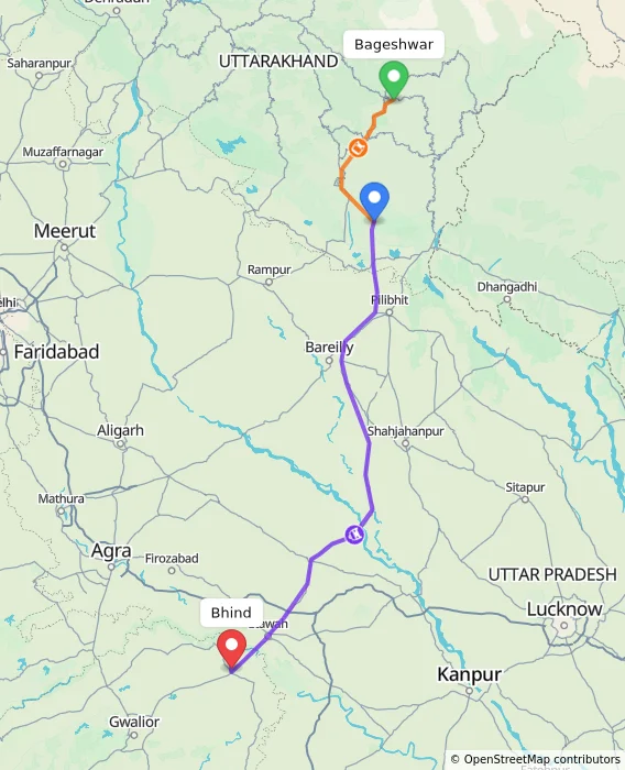 Route map showing distance and travel time from Bageshwar, India to Bhind, India