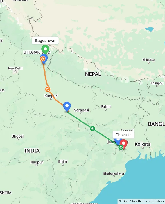 Route map showing distance and travel time from Bageshwar, India to Chakulia, India