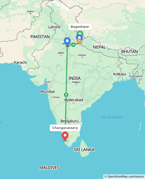 Route map showing distance and travel time from Bageshwar, India to Changanassery, India