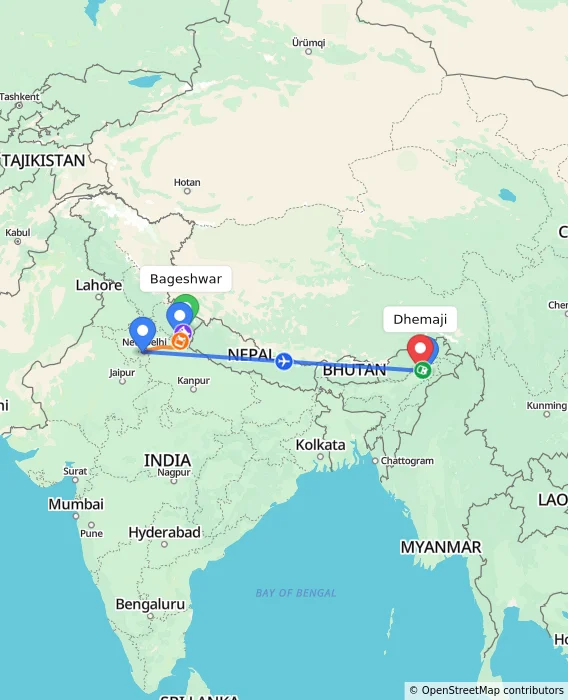 Route map showing distance and travel time from Bageshwar, India to Dhemaji, India