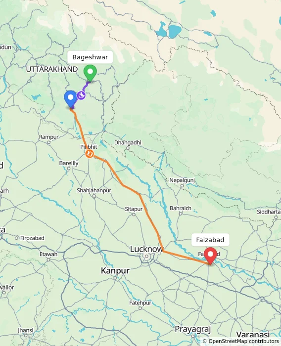 Route map showing distance and travel time from Bageshwar, India to Faizabad, India