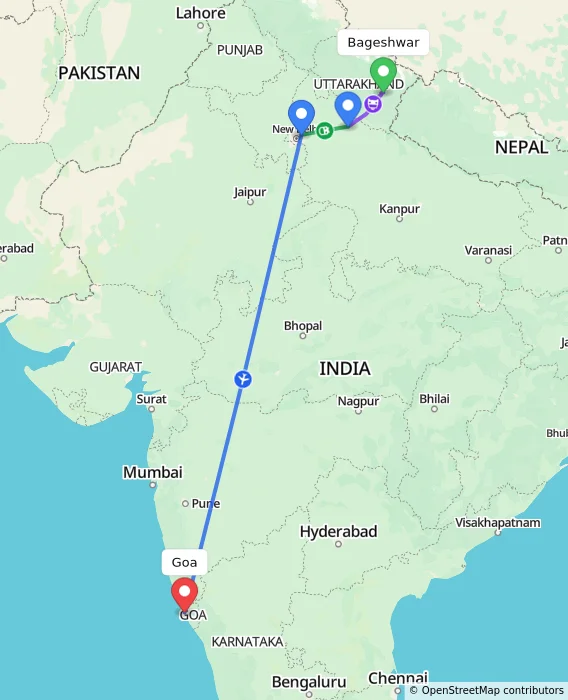 Route map showing distance and travel time from Bageshwar, India to Goa, India