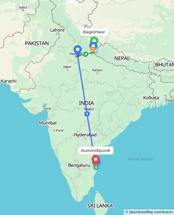 Route map showing distance and travel time from Bageshwar, India to Gummidipundi, India