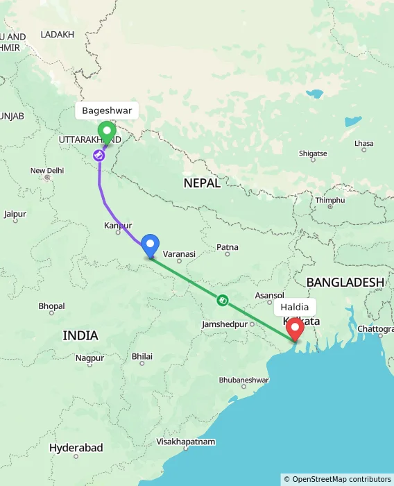 Route map showing distance and travel time from Bageshwar, India to Haldia, India
