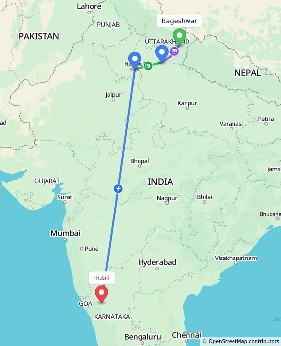 Route map showing distance and travel time from Bageshwar, India to Hubli, India