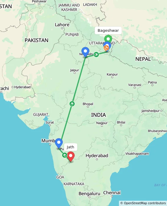 Route map showing distance and travel time from Bageshwar, India to Jath, India